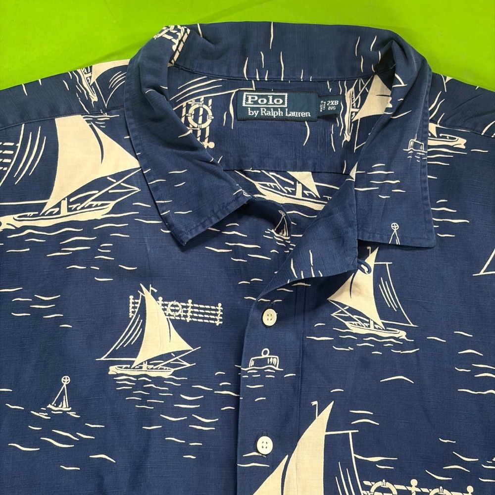 VTG Polo Ralph Lauren AOP Sailboat Shirt Mens 2XB Big Navy Silk/Linen Nautical